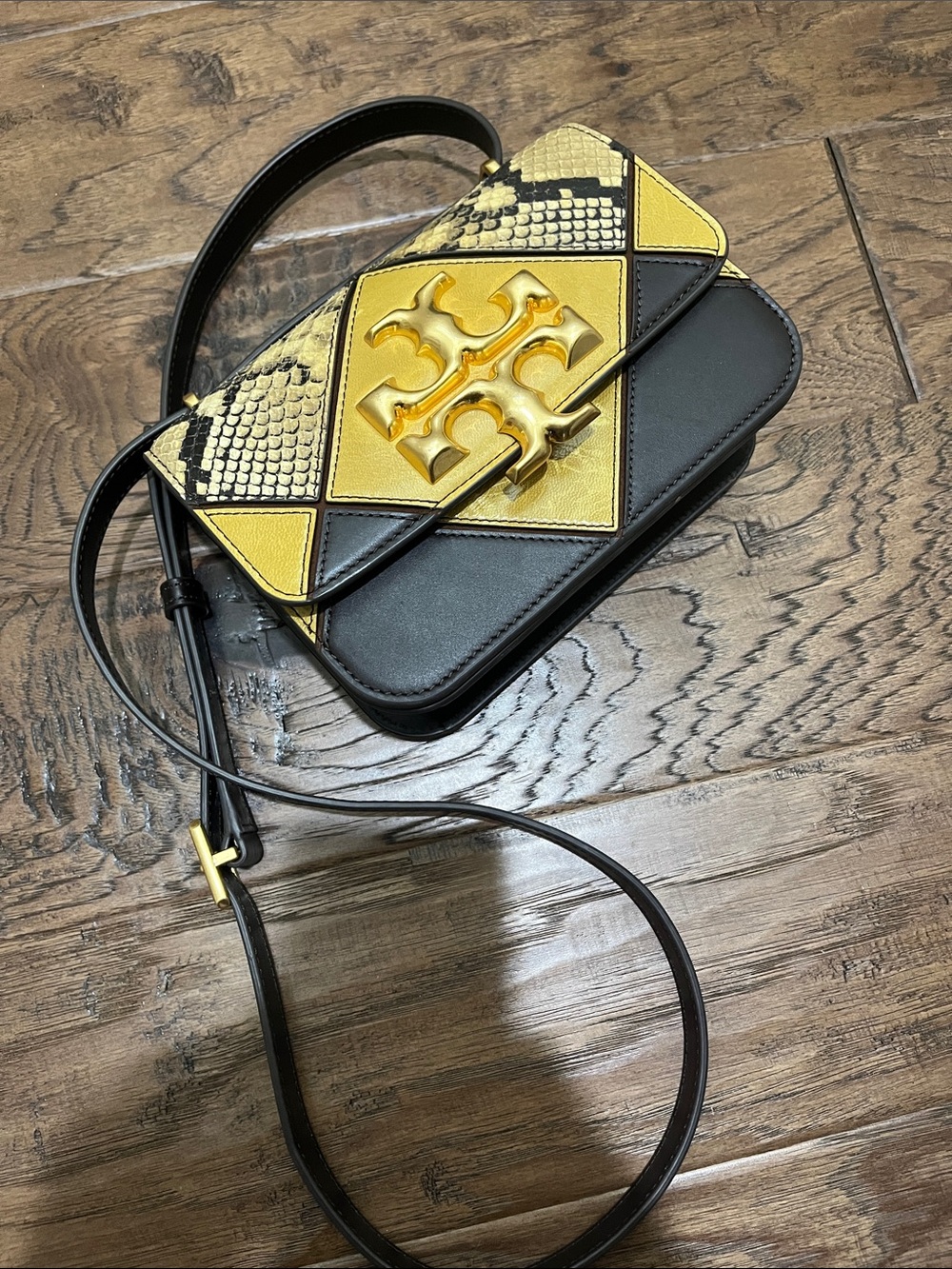 Tory Burch Black & Yellow Patchwork Logo Crossbody